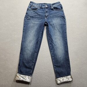 Chicos Boyfriend Ankle Jeans Women 6 30x26 Blue Medium Wash Mid Rise Sequin Cuff